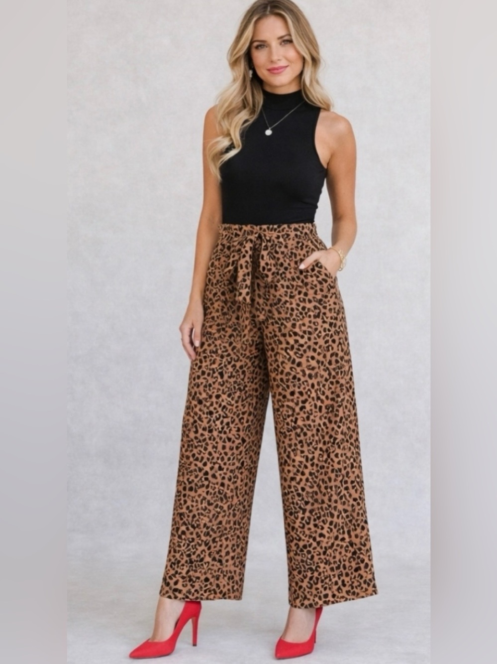 Sienna Sky Brown Leopard Print Wide Leg Pants with Tie Waist pockets size M